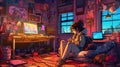 Anime-manga illustration of a young girl in her bedroom reading and listening to music. Generative AI