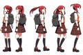 Anime manga schoolgirl in a red tartan skirt, stockings and schoolbag. Cartoon character in the Japanese style. Set of Royalty Free Stock Photo