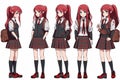 Anime manga schoolgirl in a red tartan skirt, stockings and schoolbag. Cartoon character in the Japanese style. Set of Royalty Free Stock Photo