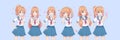 Anime manga schoolgirls in a sailor suit send air kisses. Vector illustration. Valentine`s day card