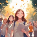 anime picture of in the summer group of school girls in the school generative AI