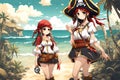 Anime Pirate Girl Proudly Showcasing Gold Coin Treasure Tropical Island