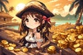 Anime Pirate Girl Proudly Showcasing Gold Coin Treasure Tropical Island