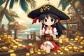 Anime Pirate Girl Proudly Showcasing Gold Coin Treasure Tropical Island