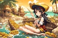 Anime Pirate Girl Proudly Showcasing Gold Coin Treasure Tropical Island