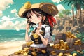 Anime Pirate Girl Proudly Showcasing Gold Coin Treasure Tropical Island