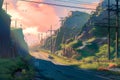 anime post-apocalyptic sunset over a ruined road. Generative AI