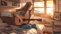 Anime poster of young girl with long brown hair playing guitar in her cozy bedroom