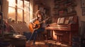 Anime poster of young girl with long brown hair playing guitar in her cozy bedroom