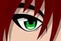 Anime pretty girl face with green eye and red hair. Manga hero art background concept. Vector cartoon look illustration