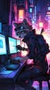 Anime Raccoon hacker breaking into a high-tech security system in a cyberpunk world