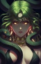 Anime Rendered Portrait of Medusa with Snakes in her hair and Glowing Eyes