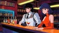 Anime robot bartender serving drinks in neon-lit retro-futuristic bar