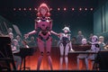 Anime robot playing piano in a humanoid android robot crowded concert hall illustration AI Generated