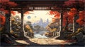 Anime scene background of an asian temple