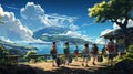 Anime scene of a group of friends having a trip vacation