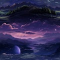 an anime scene with mountains and trees at night