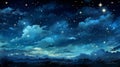 an anime scene with stars and clouds over the ocean