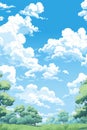 an anime scene with trees and clouds in the sky
