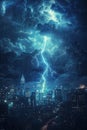 Anime style abstract vertical background with amazing thunderstorm lightning strike in the big city Royalty Free Stock Photo