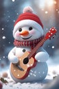 Anime style of an adorable snowman with guitar wearing red hat amd scraf, snowflakes, cartoon, cute, printable