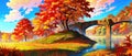 anime style autumn fall river landscape, ai Royalty Free Stock Photo