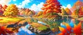 anime style autumn fall river landscape, ai Royalty Free Stock Photo