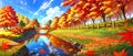 anime style autumn fall river landscape, ai Royalty Free Stock Photo