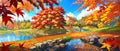 anime style autumn fall river landscape, ai Royalty Free Stock Photo