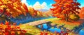 anime style autumn fall river landscape, ai Royalty Free Stock Photo