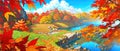 anime style autumn fall river landscape, ai Royalty Free Stock Photo