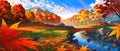 anime style autumn fall river landscape, ai Royalty Free Stock Photo