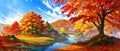 anime style autumn fall river landscape, ai Royalty Free Stock Photo