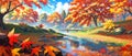anime style autumn fall river landscape, ai Royalty Free Stock Photo