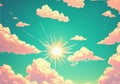 Anime style background with shining sun and white fluffy clouds. Heavens with bright weather, summer season outdoor Royalty Free Stock Photo