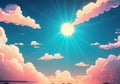 Anime style background with shining sun and white fluffy clouds. Heavens with bright weather, summer season outdoor Royalty Free Stock Photo