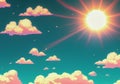 Anime style background with shining sun and white fluffy clouds. Heavens with bright weather, summer season outdoor Royalty Free Stock Photo