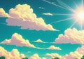 Anime style background with shining sun and white fluffy clouds. Heavens with bright weather, summer season outdoor Royalty Free Stock Photo