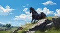 Anime-style Black Horse Standing On Hill - 8k Resolution