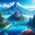 Anime style fantasy landscape with a and a castle with mountains in the