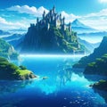 Anime style fantasy landscape with a and a castle with mountains in the