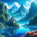 Anime style fantasy landscape with a and a castle with mountains in the