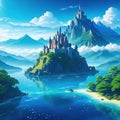 Anime style fantasy landscape with a and a castle with mountains in the