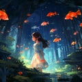 An anime style female figure is depicted gazing upwards, mesmerized by goldfish swimming in ocean