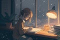 Anime style, Girl writes in a notebook under a lamp on a table near the window against the background of the falling rain.