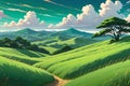 Anime-Style Illustration Featuring Green Hills Swept by Winds - Blades of Grass Bending Rhythmically