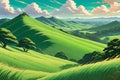 Anime-Style Illustration Featuring Green Hills Swept by Winds - Blades of Grass Bending Rhythmically