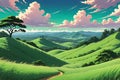 Anime-Style Illustration Featuring Green Hills Swept by Winds - Blades of Grass Bending Rhythmically