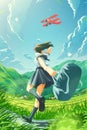 The anime style of a Japanese school girl is running happily to home in the countryside with a zeppelin flying in the sky