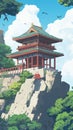An anime-style mountain temple with a wise old master meditating. Royalty Free Stock Photo